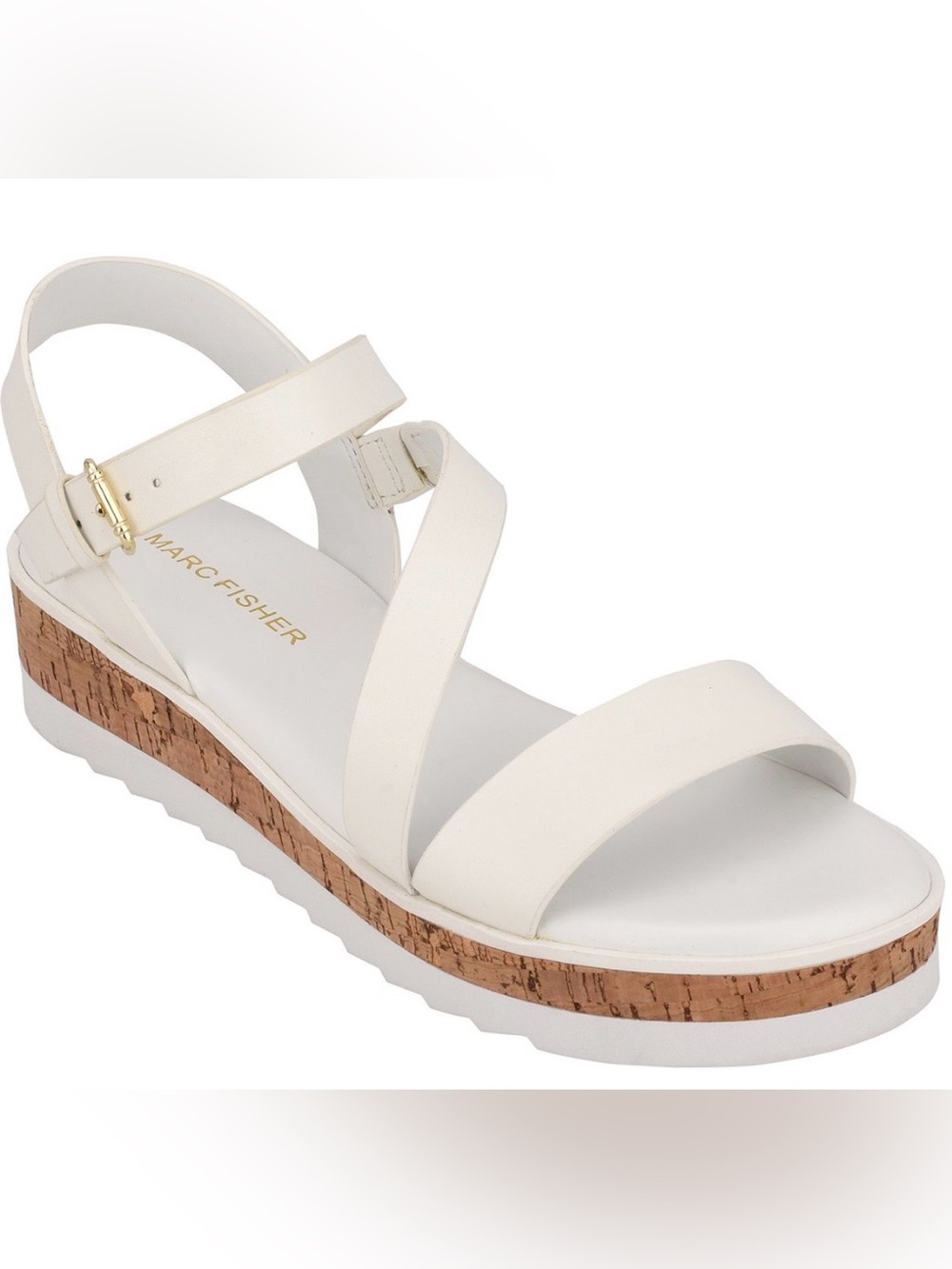 Marc Fisher Grandie White Strappy treaded Cork-Trim Platform Sandal
